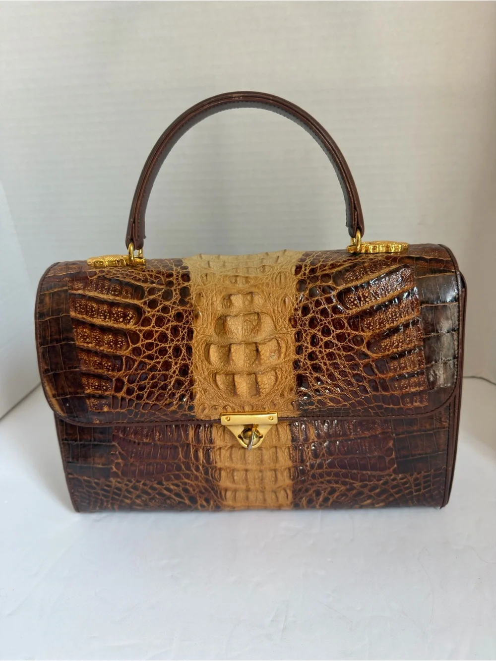 Classic Two-Tone Brown Croc Top-Handle Bag